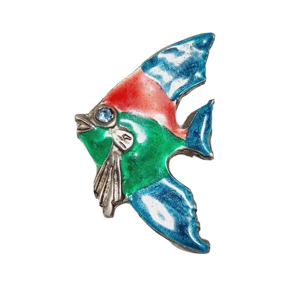 Tropical Fish Pin Brooch Silver Enamel Multicolor rhinestones green blue red 1